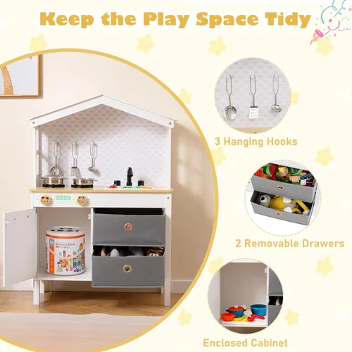 Miniatura 4 de Costzon Cocina de Juguete para Niños, Juguete de Cocina Montessori Little Chef con 2 Estufas, Perillas Giratorias, Grifo, Fregadero, Lavavajillas, 2