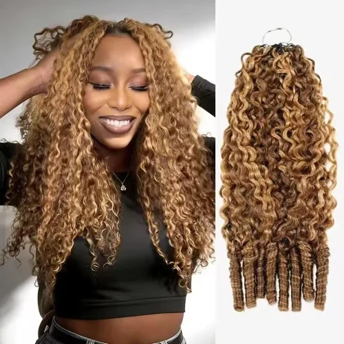Pre Looped Crochet Human Hair #4/27 Highlight Color Pre-Separated Burmese Curly with Spiral End Human Crochet Hair Feather Crochet Hair Extensions