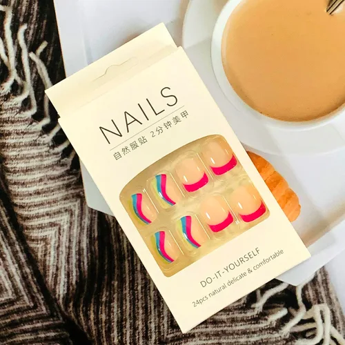 Miniatura 6 de Uñas postizas a presión de longitud corta, 24 piezas de cobertura completa, reutilizables, brillantes, uñas postizas con pegamento, uñas postizas
