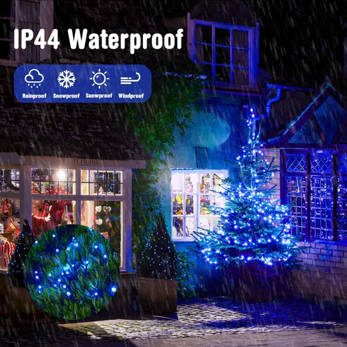 Miniatura 8 de JMEXSUSS 250 luces LED azules de Navidad: cadena de luces azules extensibles de 91.5 pies para interiores y exteriores, impermeable, con 8 modos