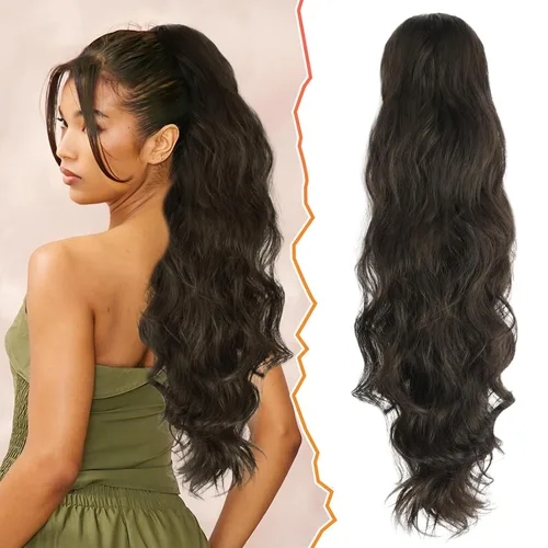 Miniatura 32 de BARSDAR Extensión de cola de caballo rojo burdeos, extensiones de cabello ondulado con cordón de 16 pulgadas para mujer, extensiones de cabello