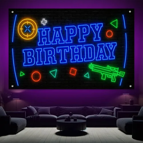 Miniatura 4 de HOMETITUTE Cartel de feliz cumpleaños de 71 x 43 pulgadas con luz negra fluorescente para decoración de fondo de fiesta, controlador de juego azul