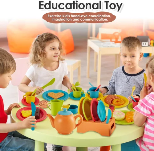 Miniatura 5 de Buyger Accesorios de Cocina de Juguete, Platos de Juguete y Utensilios Juego de Fiesta de Té Juguetes de Comida y Postres Regalos para Edades 3 4 5+