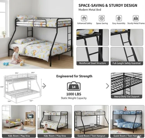 Miniatura 4 de Litera individual sobre matrimonial, litera de metal con escaleras, protector de seguridad, sin ruido para dormitorio pequeño, color negro