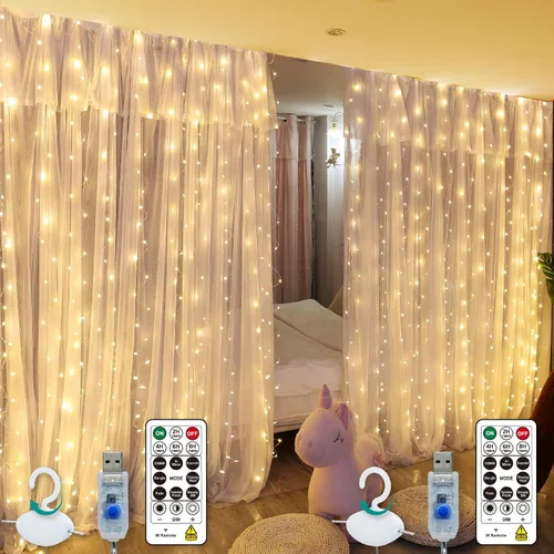 Miniatura 16 de HXWEIYE 300 luces LED de cortina de hadas, 9.8 x 9.8 pies, enchufe USB, 8 modos de luces colgantes de Navidad con control remoto para dormitorio