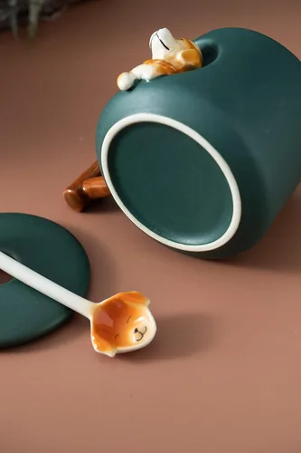 Miniatura 6 de DIHOclub Taza de café de cerámica con tapa y cuchara a juego, taza con patrón 3D Golden Retriever para té, leche y chocolate, bonita taza