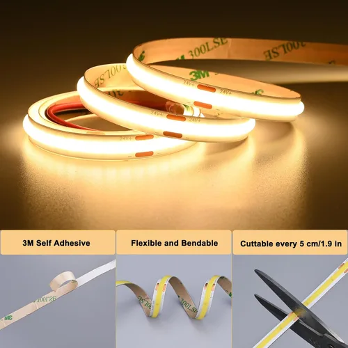 Miniatura 4 de TOPAI Tira de luces LED COB de 24 V, 3000 K, blanco cálido, 16.4 pies, ultra brillante, 400 lm/ft, sin puntos, CRI>92 480LED/M, alta densidad
