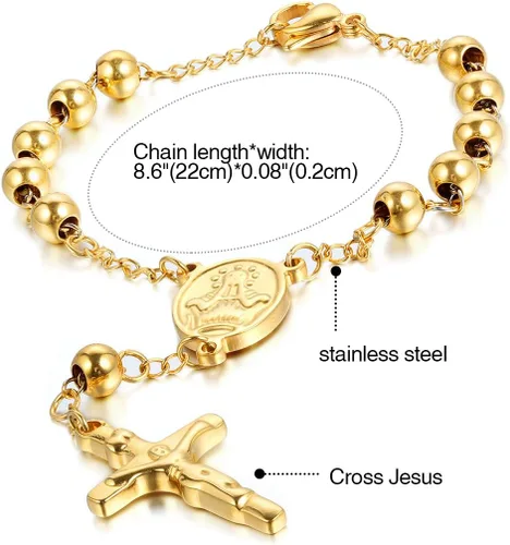 Miniatura 2 de Cupimatch Religious Stainless Steel Beaded Rosary Cross Charm Bracelet for Men Women 8.6", Gold