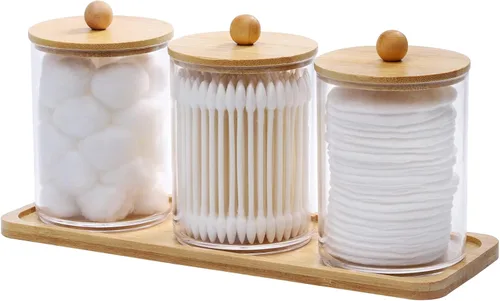 Miniatura 8 de Tbestmax - Soporte Qtip con bandeja de tocador, dispensador de recipientes de baño transparentes para almacenamiento, soporte para hisopos