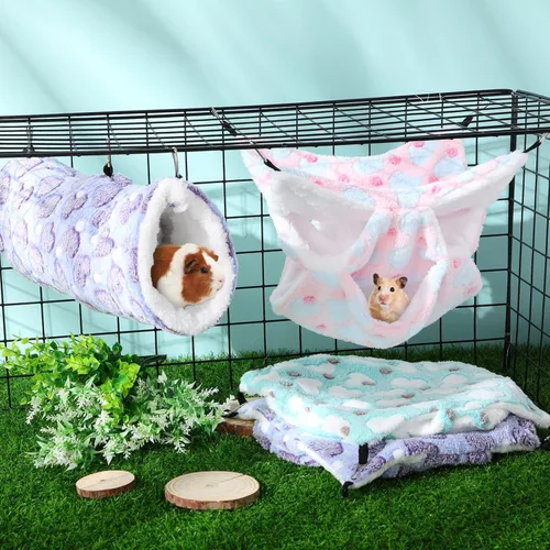 Miniatura 6 de Sweetude Juego de 6 hamacas para ratas, túnel colgante de hurón, hamacas de conejillo de indias de 3 niveles, cama de chinchilla suave para Lovely