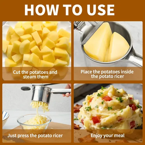 Miniatura 4 de Ricer de patatas de 15 onzas, acero inoxidable resistente, 3 discos intercambiables, triturador de papas con mango de silicona, prensa de papas