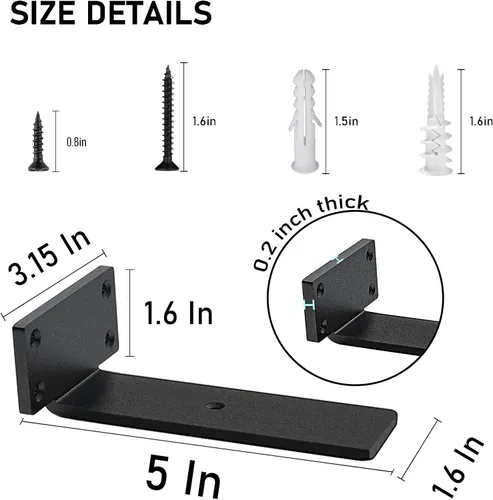 Miniatura 2 de Soportes de estante flotante resistentes - Soportes de L de metal negro industrial de 1/5 pulgada de espesor, soportes de estante de acero sólido