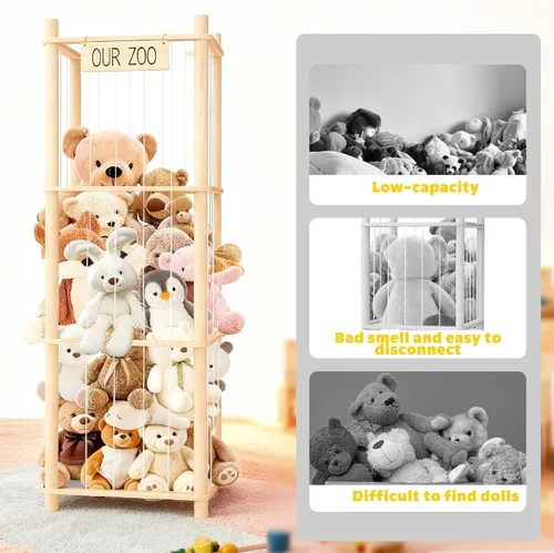 Miniatura 6 de Organizador de exhibición de animales de peluche con estante, diseño de jaula de zoológico de madera para almacenamiento grande de juguetes