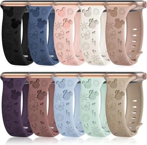 10 PAQUETE Bandas de silicona grabadas compatibles con Apple Watch de 40mm 38mm 41mm 42mm 44mm 45mm 46mm 49mm, correa deportiva de repuesto