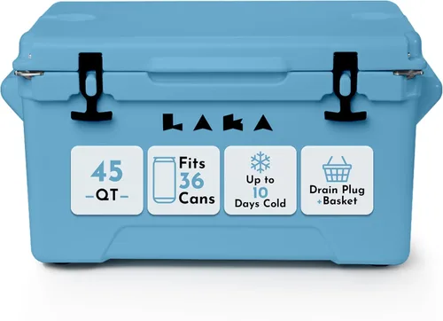 Laka Cooler – 45 Quart Rotomolded Hard Cooler, Insulated Ice Chest Holds 36 Cans/45 lb Ice, Up to 10 Days Cold, Drain Plug + Basket, Non-Slip Feet,