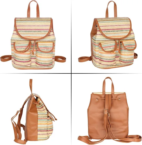 Miniatura 6 de Meyaus Mochila de paja hecha a mano para mujer, con solapa, cordón y cordón, Marrón claro, Mochilas Daypack