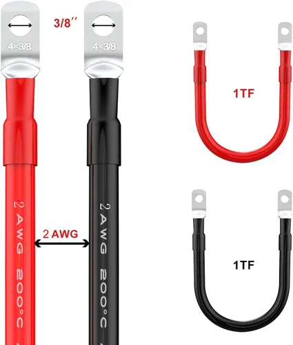 Miniatura 2 de Cables inversores de corriente de batería paralela de 1 pie de calibre 2 AWG rojo + negro para energía solar, automóvil, RV y marina (juego)