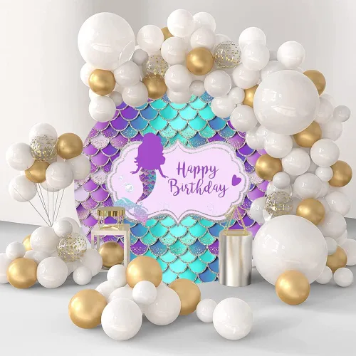 Miniatura 3 de Yeele Telón de fondo redondo de 5 x 5 pies con diseño de sirenita para niñas, fiesta de sirena bajo el mar, purpurina azul y morado con escamas