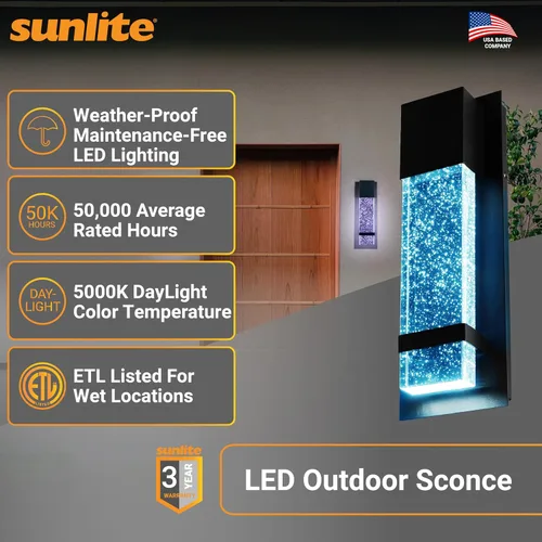 Miniatura 2 de Sunlite Aplique de pared LED, marco de metal negro con panel de vidrio efecto gota de lluvia, 4.75 pulgadas de ancho, luz diurna de 5000 K