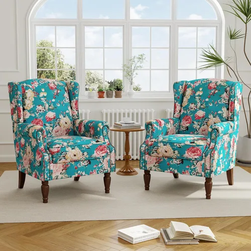 Miniatura 65 de Silla reclinable tapizada, sillón de ala floral con respaldo y reposapiés ajustables, cómoda silla decorativa para leer, sofá individual