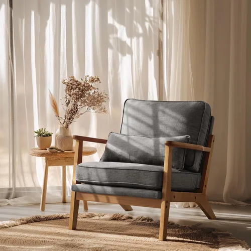 Miniatura 25 de VINGLI Silla de Acento de Madera Maciza con Reposabrazos Anchos, Silla Moderna Tapizada de Mediados de Siglo con Almohada, Cómoda Silla de Lectura