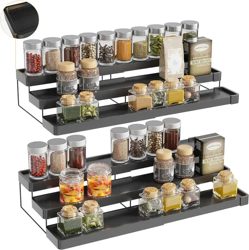 Miniatura 12 de Organizador de especias expandible – Organizador de especias ajustable de 3 niveles para gabinete y encimera – Fácil visibilidad – Negro