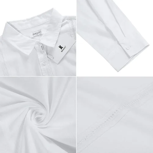 Miniatura 5 de JEKAOYI Camisas de lino con botones para hombre, estilo casual, manga larga, ajuste regular, de algodón, camisas de playa con bolsillo