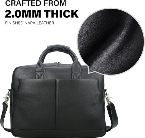 Miniatura 2 de Maletín de cuero genuino de grano completo para hombre de 16 pulgadas, bolsa de mensajero con cremalleras YKK (negro)