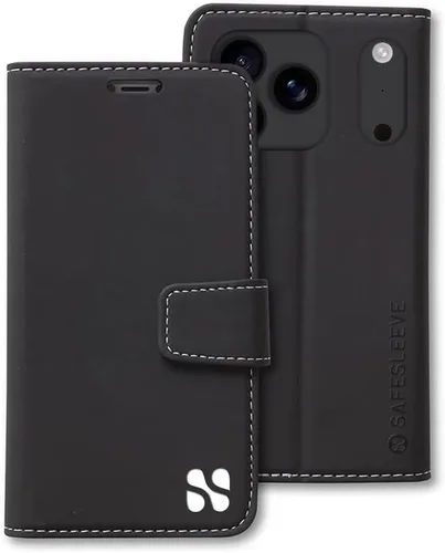 Miniatura 20 de SafeSleeve Funda de piel tipo cartera desmontable para iPhone 14 con bloqueador EMF para teléfono celular con 3 tarjeteros y soporte ajustable