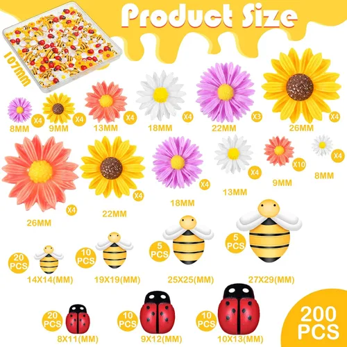 Miniatura 2 de 200 piezas de resina mini decoración de girasol de abeja margarita adorno de abejas, abalorios de abejas, cuentas epoxi de mariquitas, manualidades