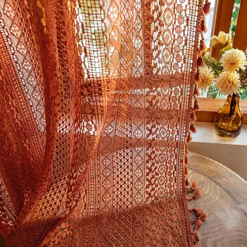 Miniatura 12 de WAZZIO Cortinas de Encaje, Cortina Boho de Crochet para Dormitorio, Cortinas de Café de Algodón, 45 Pulgadas de Largo, 2 Paneles con Bolsillo