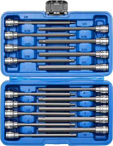 EMENTOL 18 piezas 3/8" impulsión juego de llaves hexagonales largas, CR-V, acero S2, SAE/Métrica, juego de llaves hexagonales Allen extra largas,