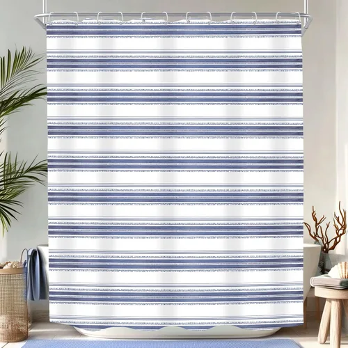 Miniatura 19 de KOMLLEX Cortina de ducha abstracta azul para decoración de baño, 72 pulgadas de ancho x 72 pulgadas de alto, moderna, a rayas blancas y grises