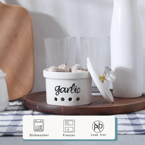 Miniatura 4 de Soporte de ajo con tapa de cristal, contenedor de ahorro de ajo de cerámica de 12.5 oz para encimera, decoración de cocina de estilo granja (Oro)