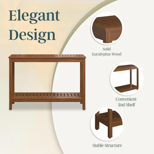 Miniatura 5 de DTY Outdoor Living Mesa consola de madera de eucalipto, dos estantes para exteriores, acabado marrón resistente a la intemperie