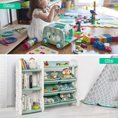 Miniatura 7 de Costzon Organizador de almacenamiento de juguetes, estante de juguetes de 4 niveles con 6 contenedores de plástico extraíbles para libros
