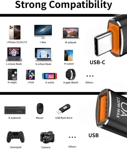 Miniatura 8 de BOMIE Adaptador USB C a USB, paquete de 10 unidades, 6A 120 W, carga rápida, transferencia de datos de 10 Gbps, USB C macho a USB 3.2 hembra OTG