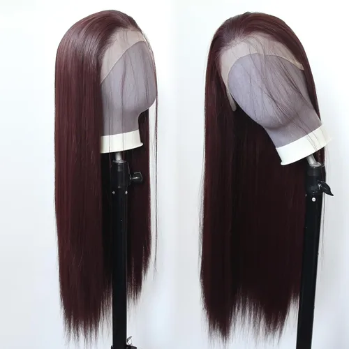 Miniatura 7 de 99J Peluca larga y lisa 99J color borgoña sintética con encaje frontal, predesfilada con línea de cabello natural para mujeres de moda, cabello