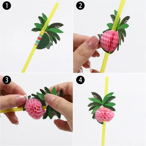 Miniatura 3 de 100 unidades de pajitas de árbol de coco, pajitas desechables de plástico en forma de panal, suministros para decoración de fiesta tropical hawaiana
