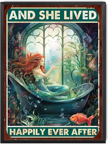 Miniatura 19 de LIUAXICIA Letrero de lata retro con diseño de sirena y ella vivió feliz para siempre, para decoración del hogar, 8 x 12 pulgadas, pintura de lata