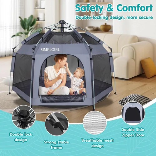 Miniatura 8 de Corralito para bebés de alta calidad para puerta y exterior, portátil, ligero, paquete desplegable y patio de juegos con toldo y bolsa de viaje, Gris