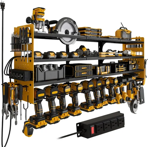 Miniatura 8 de Soporte de taladro inalámbrico para 12 unidades, organizador grande de herramientas eléctricas, soporte de pared con tablero de clavijas lateral