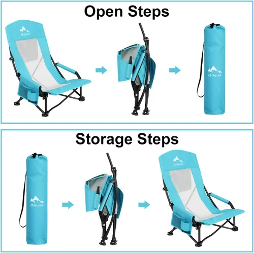 Miniatura 5 de Oileus Silla de playa portátil plegable, ligera, respaldo alto, asiento bajo para tienda de campaña, refugio y campamento, respaldo de malla