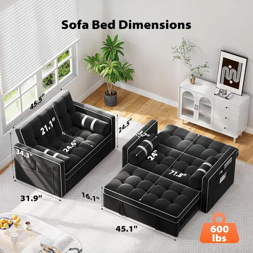 Miniatura 2 de Pipishell - Sofá cama convertible 3 en 1, sofá cama extraíble para sala de estar con puertos USB y bolsillos laterales, respaldo ajustable, de Negro