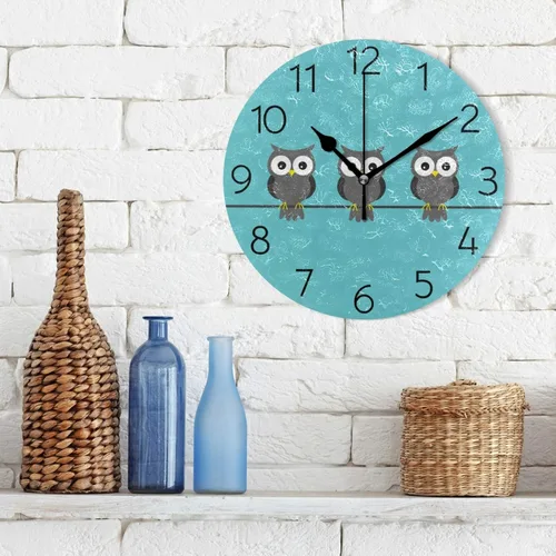 Miniatura 3 de UNISE Reloj de pared redondo con búho azul, silencioso, sin tictac, funciona con pilas, decorativo, acrílico, reloj de pared con colibríes, pájaro