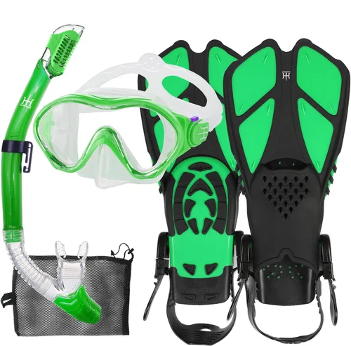Miniatura 13 de Juego de esnórquel para niños con máscara, aletas, paquetes de esnórquel, con máscara de buceo, esnórquel, aletas ajustables para nadar, bolsa