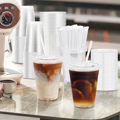 Miniatura 7 de Paquete de 100 vasos de plástico de 12 onzas con tapas y pajitas, tazas de café helado desechables transparentes para bebidas frías, batidos