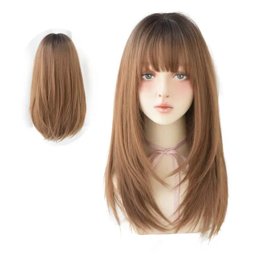 Miniatura 10 de Peluca de Cabello Largo Negro Liso con Flequillo Sintética de Alta Densidad Peluca de Cabello Largo para Mujeres (negro)