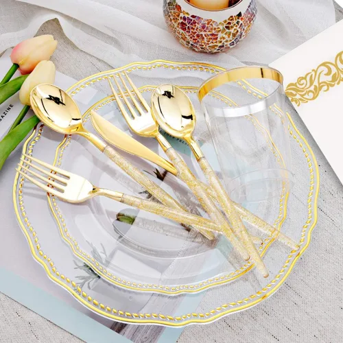 Miniatura 4 de Hioasis 175 piezas de platos de plástico transparentes y dorados y cubiertos de plástico dorados con mango de purpurina dorada y vasos transparentes