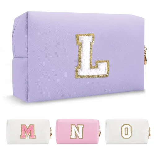 Miniatura 110 de Pequeña bolsa de maquillaje personalizada con inicial A-Z Preppy Patch, bolsa de cosméticos de viaje de felpilla blanca con cremallera, bonita bolsa